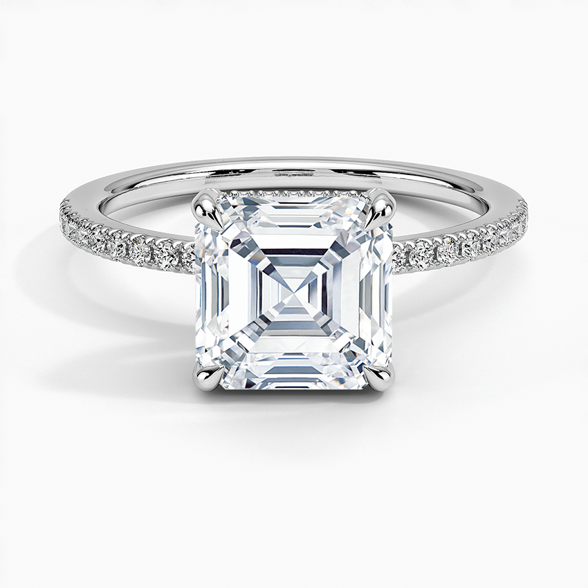 Asscher cut moissanite fine pave band ring with hidden halo in white gold, top view