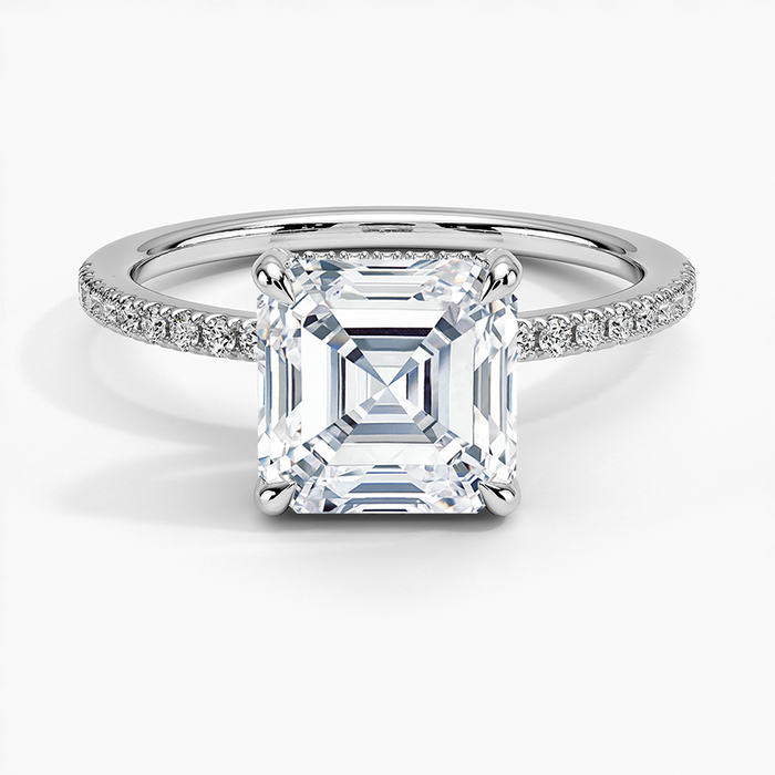 Asscher cut moissanite fine pave band ring with hidden halo in white gold, top view