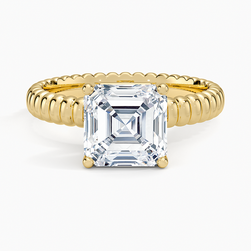 Asscher cut moissanite fluted rope band ring in yellow gold, top view