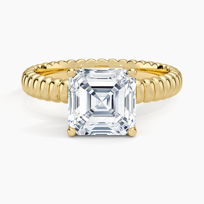Asscher cut moissanite fluted rope band ring in yellow gold, top view