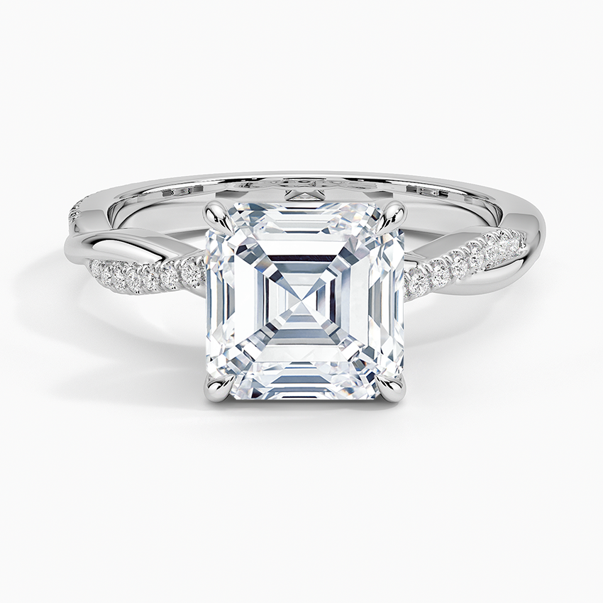 Asscher cut moissanite full circumference twisted pave ring in white gold, top view