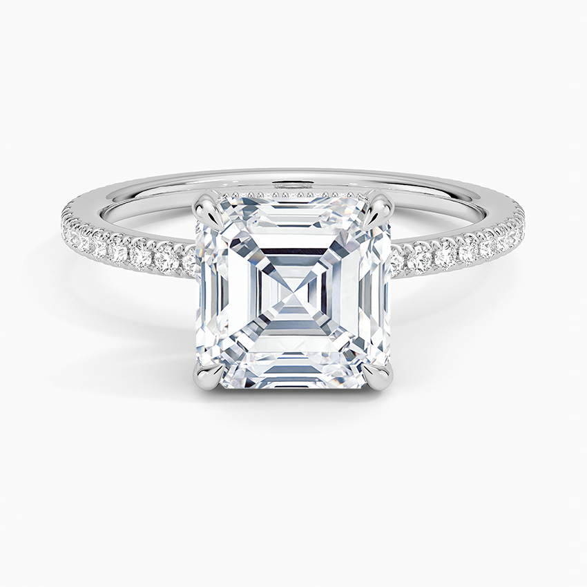 Asscher cut moissanite full eternity pave ring with hidden halo in white gold, top view