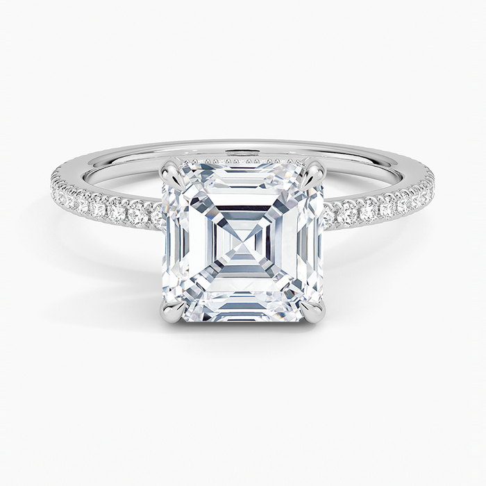 Asscher cut moissanite full eternity pave ring with hidden halo in white gold, top view