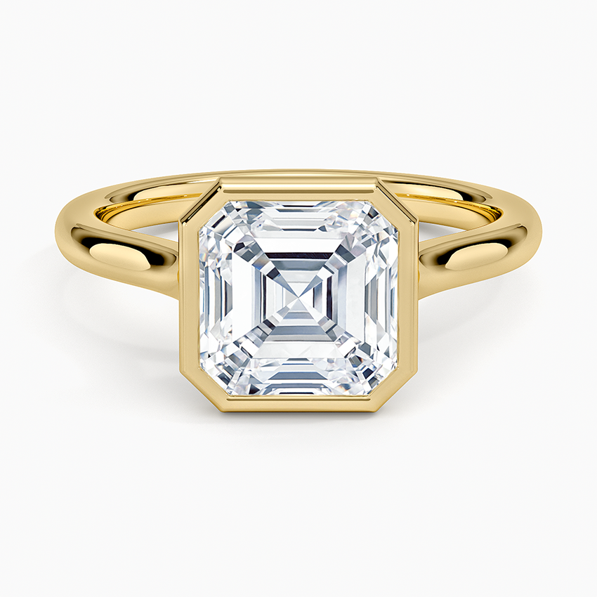 Asscher cut moissanite high set bezel ring in yellow gold, top view