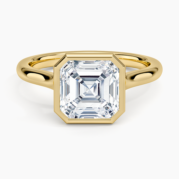 Asscher cut moissanite high set bezel ring in yellow gold, top view