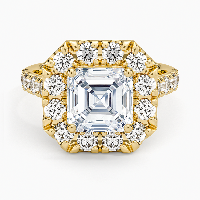 Asscher cut moissanite large cluster halo ring in yellow gold, top view