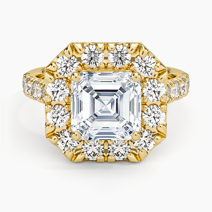 Asscher cut moissanite large cluster halo ring in yellow gold, top view