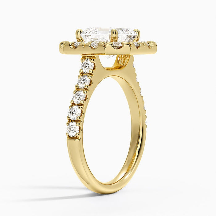 Side view showing individually claw set halo stones and shared prong shoulders