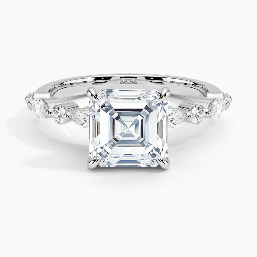 Asscher cut moissanite large marquise and round accent ring in white gold, top view
