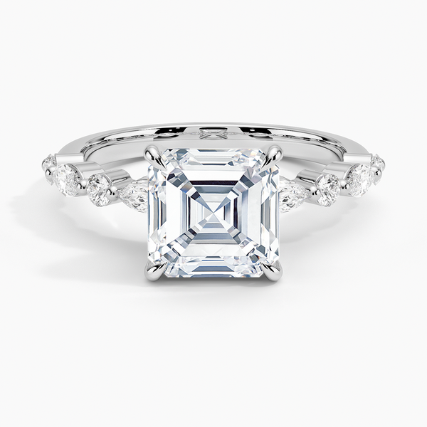 Asscher Cut Moissanite Large Marquise and Round Accent Ring in Silver, 10K, 14K and 18K Gold