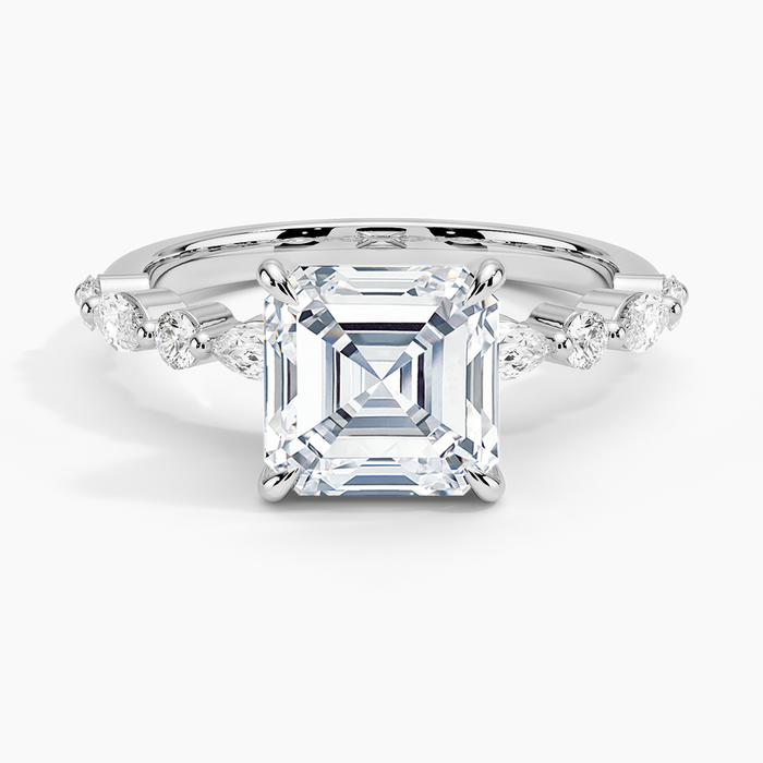 Asscher cut moissanite large marquise and round accent ring in white gold, top view