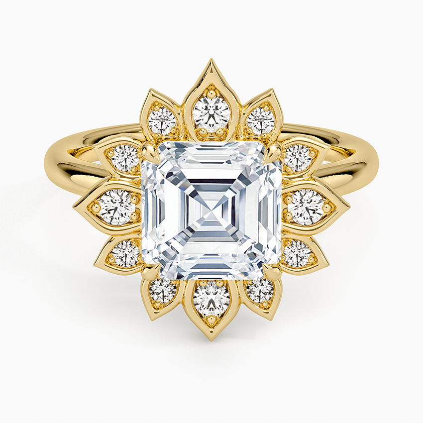 Asscher cut moissanite lotus petal halo ring in yellow gold, top view