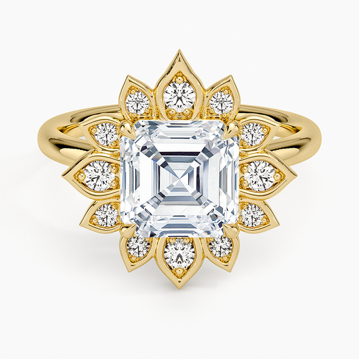 Asscher cut moissanite lotus petal halo ring in yellow gold, top view