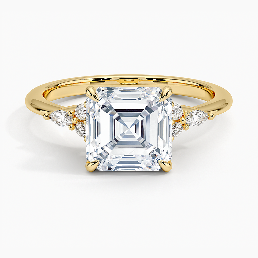 Asscher cut moissanite marquise accent cluster ring in yellow gold, top view