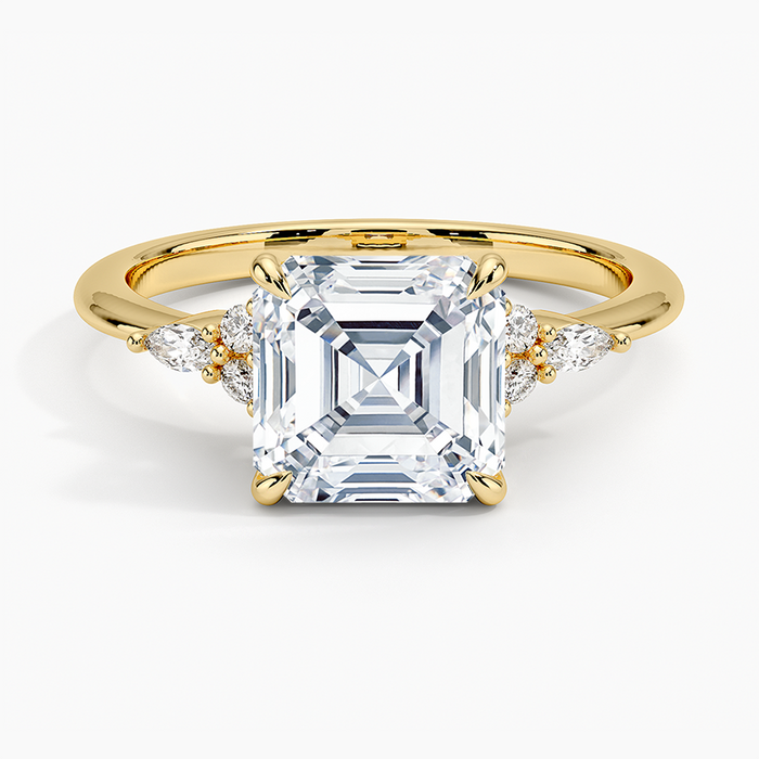Asscher cut moissanite marquise accent cluster ring in yellow gold, top view