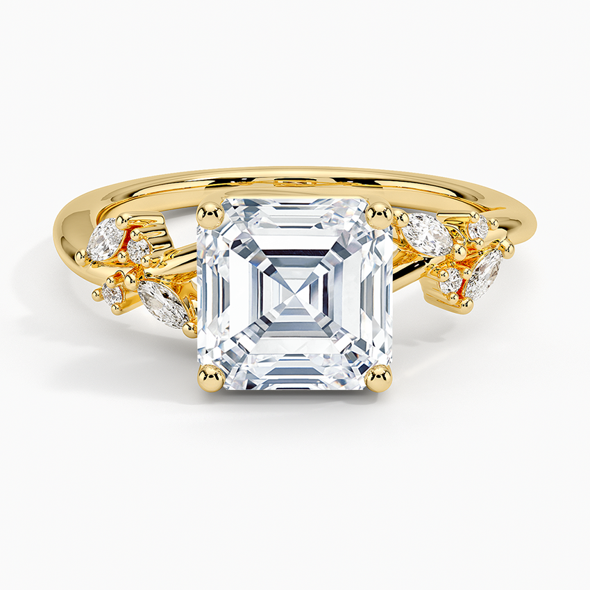Asscher cut moissanite marquise leaf cluster ring in yellow gold, top view