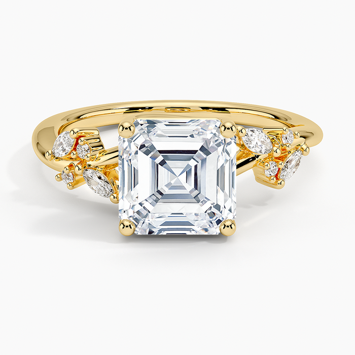Asscher cut moissanite marquise leaf cluster ring in yellow gold, top view