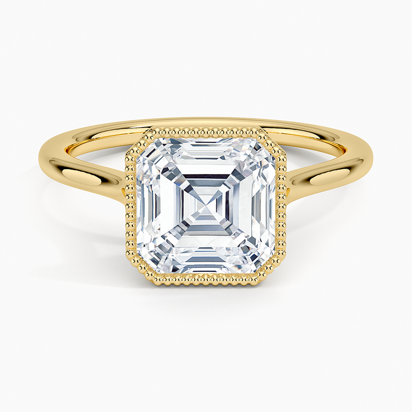 Asscher cut moissanite vintage milgrain bezel ring in yellow gold, top view