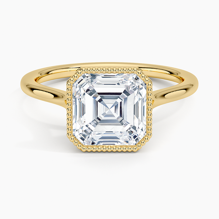 Asscher cut moissanite vintage milgrain bezel ring in yellow gold, top view