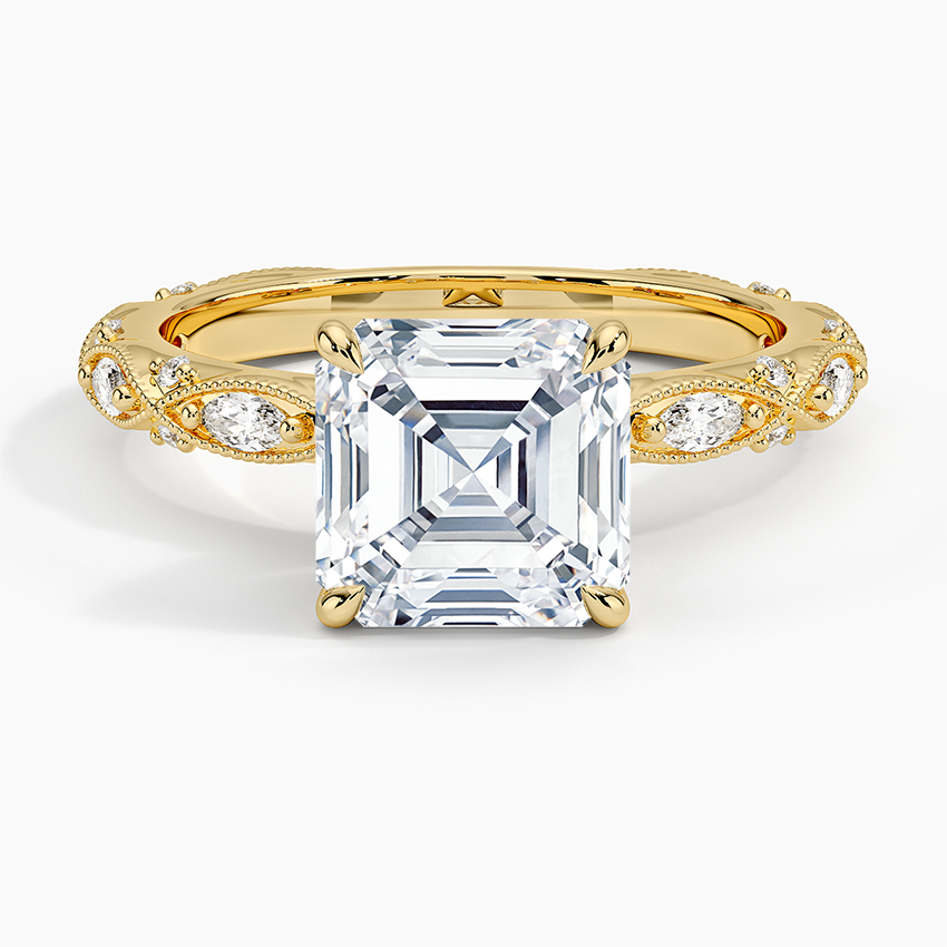 Asscher cut moissanite ring with milgrain marquise panels in yellow gold, top view