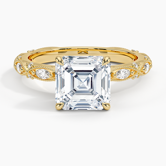 Asscher cut moissanite ring with milgrain marquise panels in yellow gold, top view