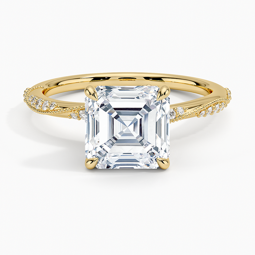 Asscher cut moissanite milgrain pave ring with flanking accents in yellow gold, top view