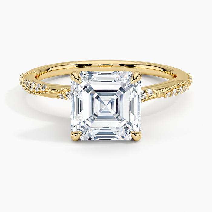 Asscher cut moissanite milgrain pave ring with flanking accents in yellow gold, top view