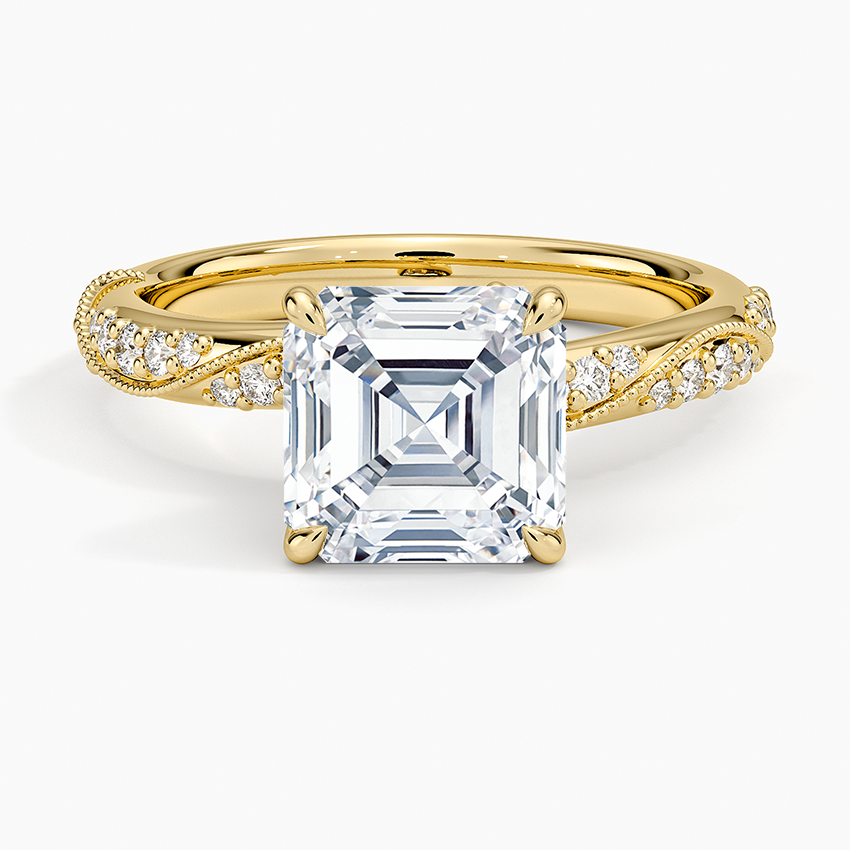 Asscher cut moissanite milgrain twisted pave ring in yellow gold, top view