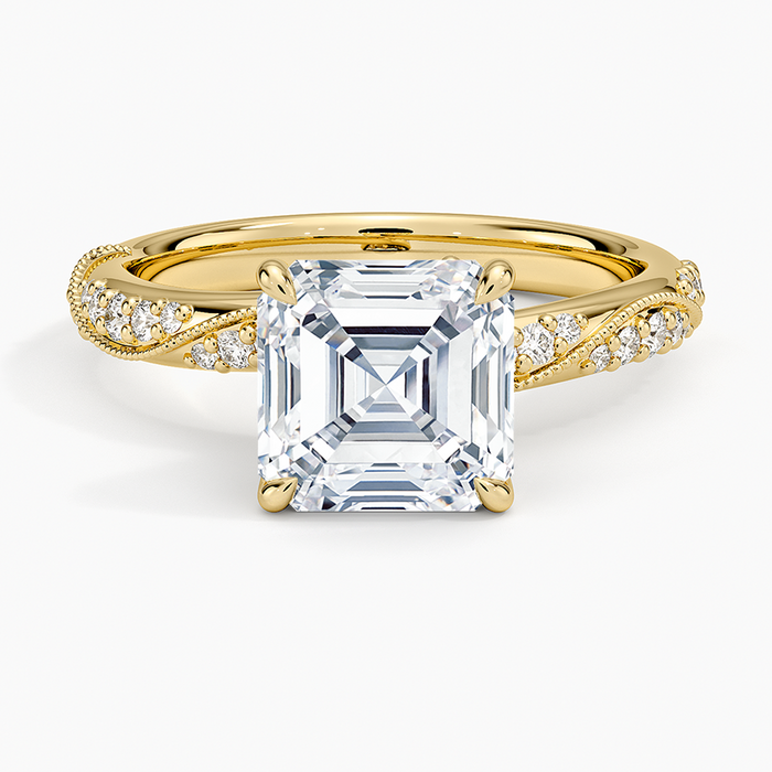 Asscher cut moissanite milgrain twisted pave ring in yellow gold, top view
