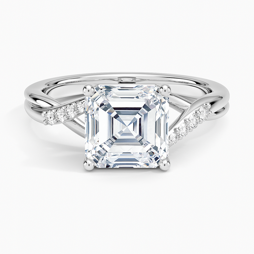 Asscher cut moissanite open crossover pave ring in white gold, top view