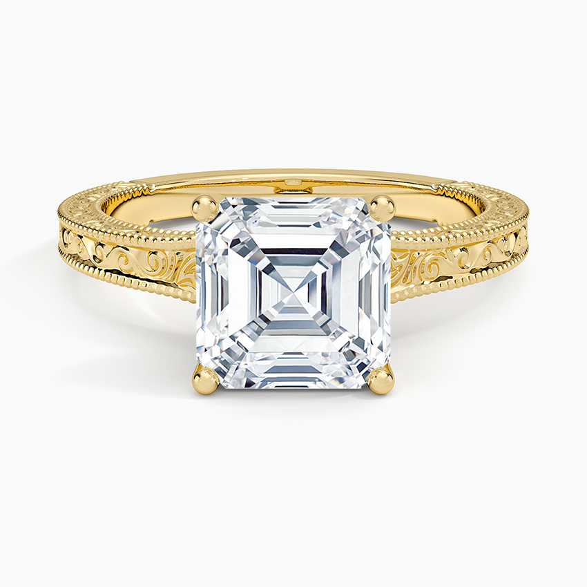 Asscher cut moissanite open scroll engraved ring in yellow gold, top view
