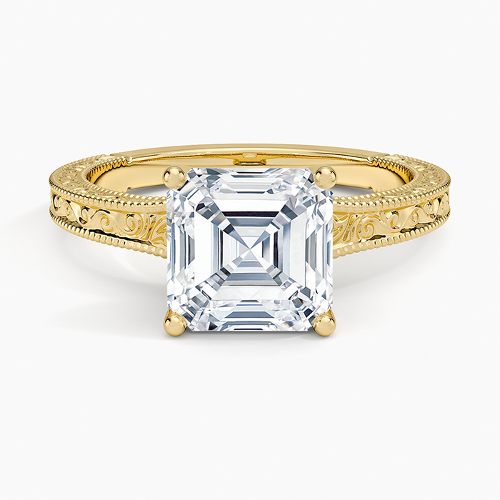 Asscher cut moissanite open scroll engraved ring in yellow gold, top view