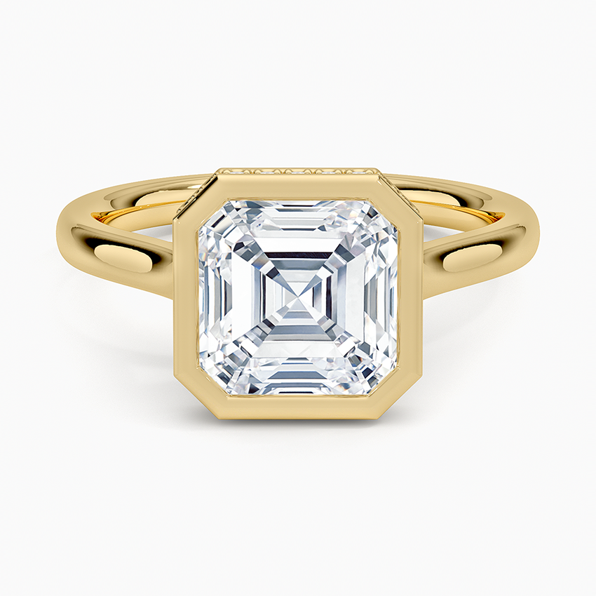 Asscher cut moissanite pave bezel ring with hidden halo in yellow gold, top view