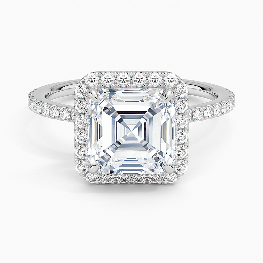 Asscher cut moissanite pave halo ring with pave shoulders in white gold, top view
