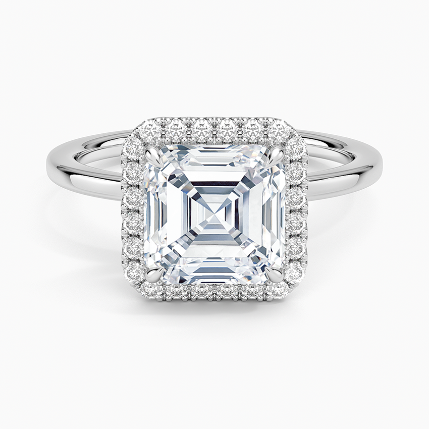 Asscher cut moissanite pave halo ring with plain band in white gold, top view