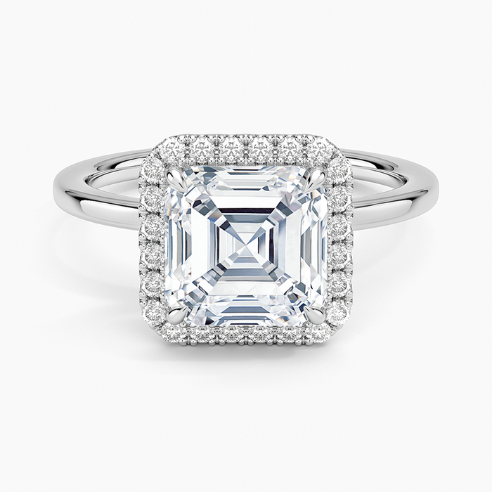 Asscher cut moissanite pave halo ring with plain band in white gold, top view
