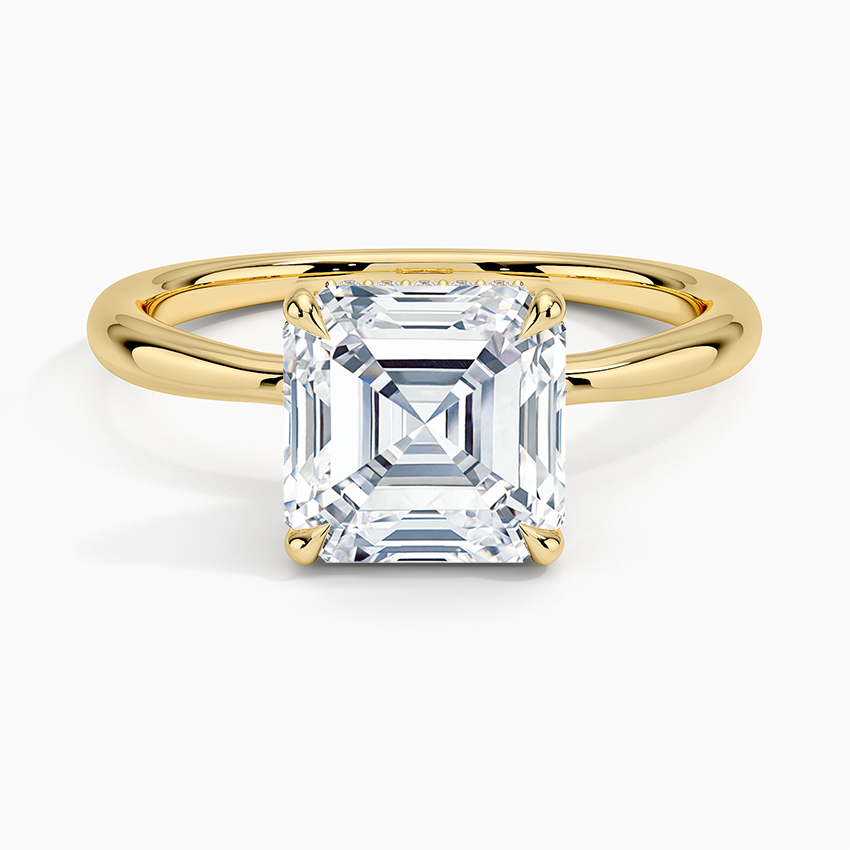 Asscher cut moissanite plain band hidden halo ring in yellow gold, top view