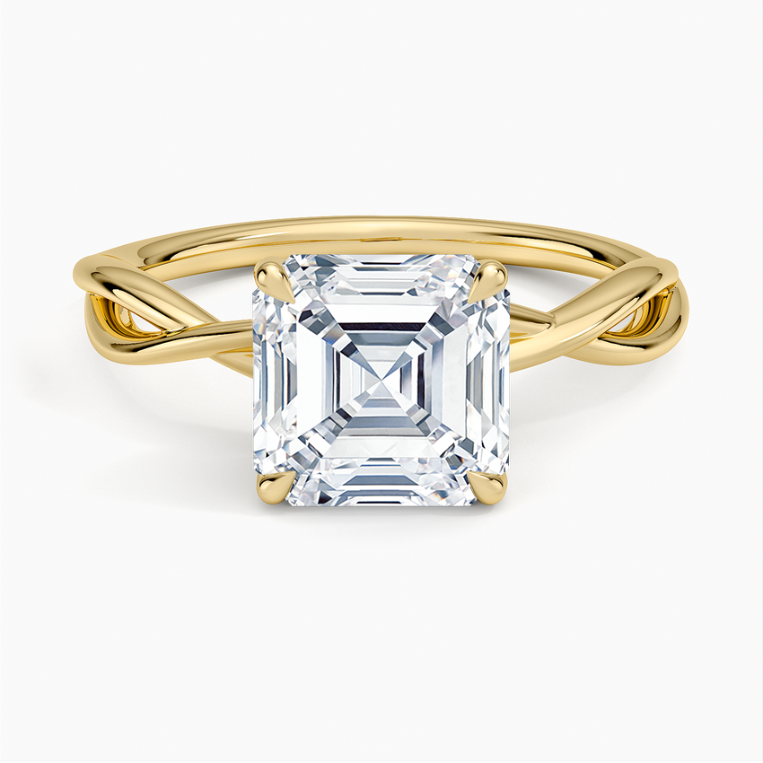 Asscher cut moissanite plain open crossover twist ring in yellow gold, top view