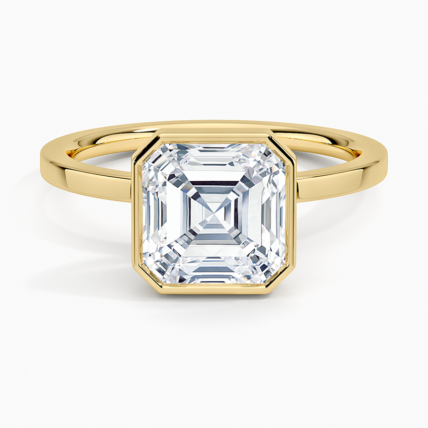 Asscher cut moissanite smooth bezel ring with flat band in yellow gold, top view