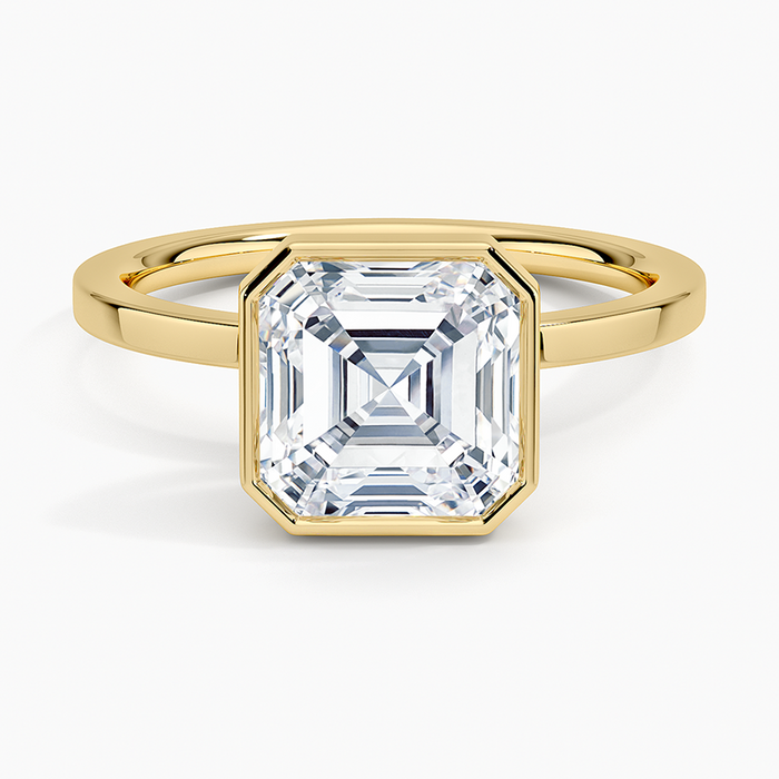 Asscher cut moissanite smooth bezel ring with flat band in yellow gold, top view