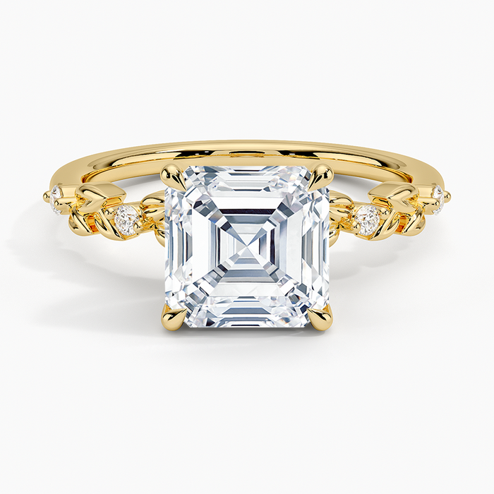 Asscher cut moissanite ring with spaced accents and twisted leaf links in yellow gold, top view