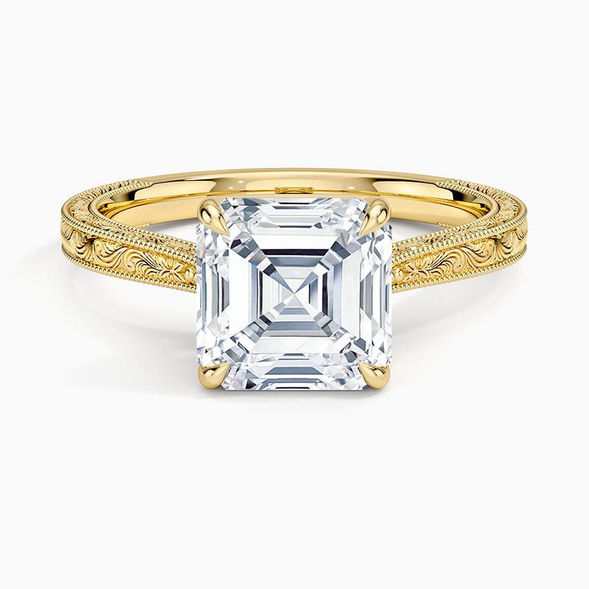Asscher cut moissanite tapered wheat engraved ring in yellow gold, top view