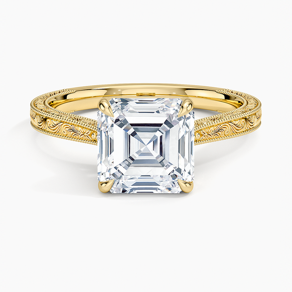 Asscher Cut Moissanite Tapered Wheat Engraved Ring in Silver, 10K, 14K and 18K Gold