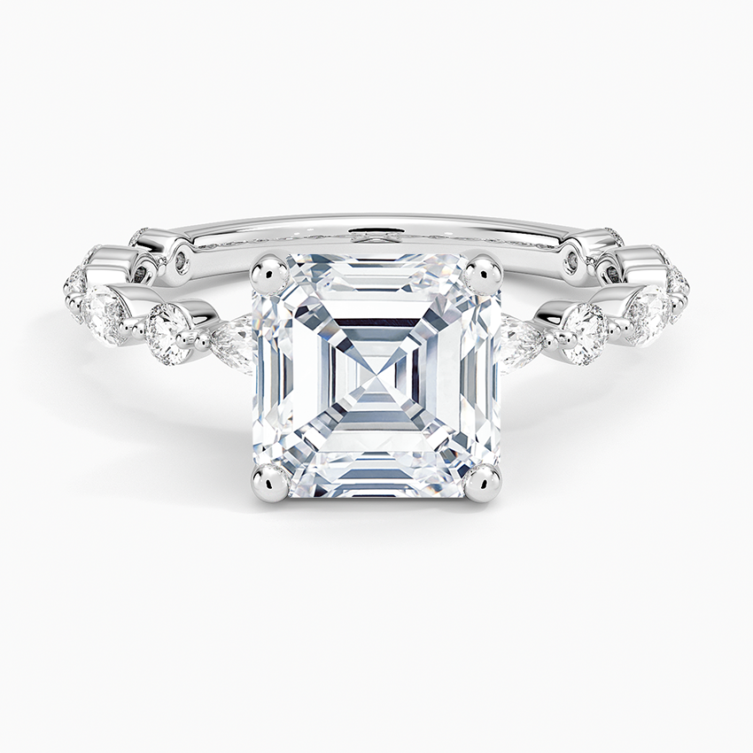 Asscher cut moissanite three quarter marquise eternity ring in white gold, top view