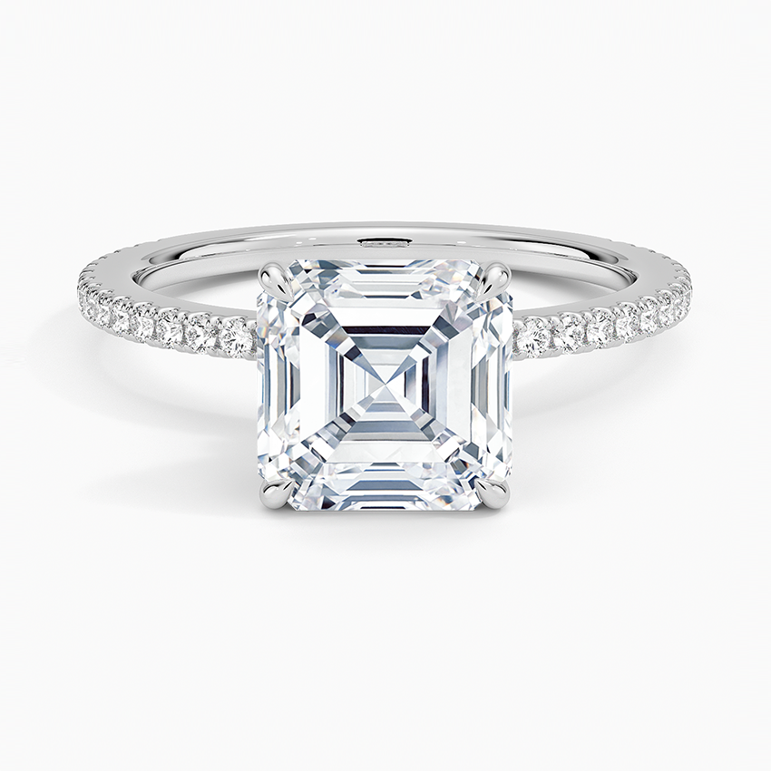 Asscher cut moissanite three quarter pave ring with hidden halo in white gold, top view