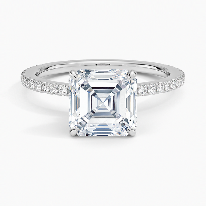 Asscher cut moissanite three quarter pave ring with hidden halo in white gold, top view