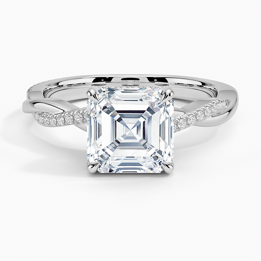 Asscher cut moissanite twisted vine hidden halo ring in white gold, top view