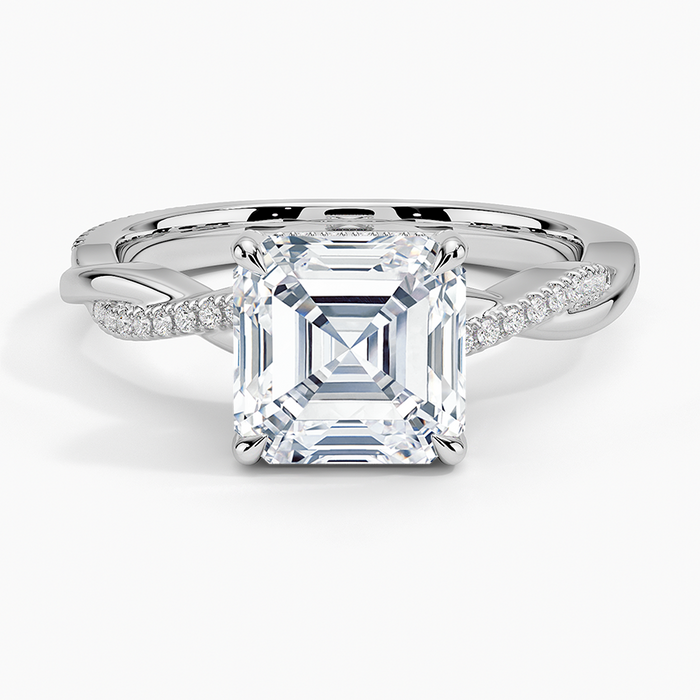 Asscher cut moissanite twisted vine hidden halo ring in white gold, top view