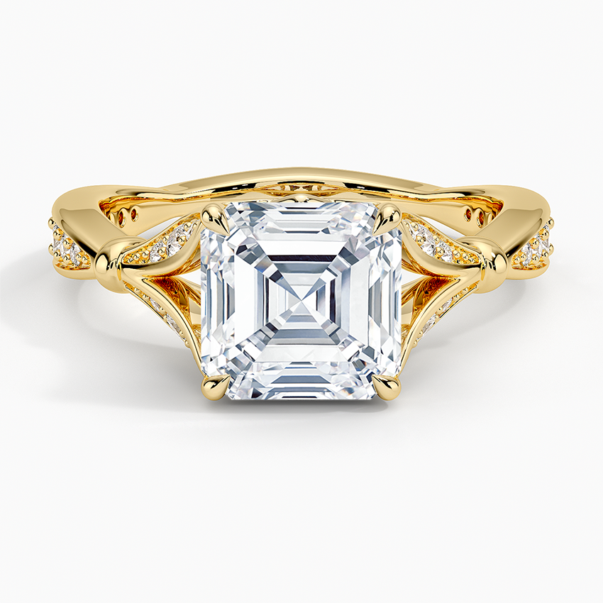 Asscher cut moissanite twisted vine pave split shank ring in yellow gold, top view