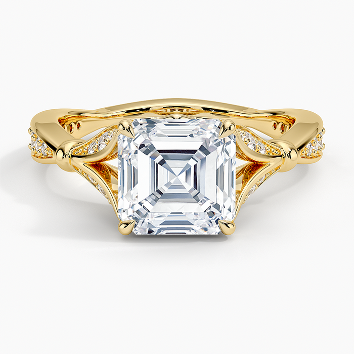 Asscher cut moissanite twisted vine pave split shank ring in yellow gold, top view